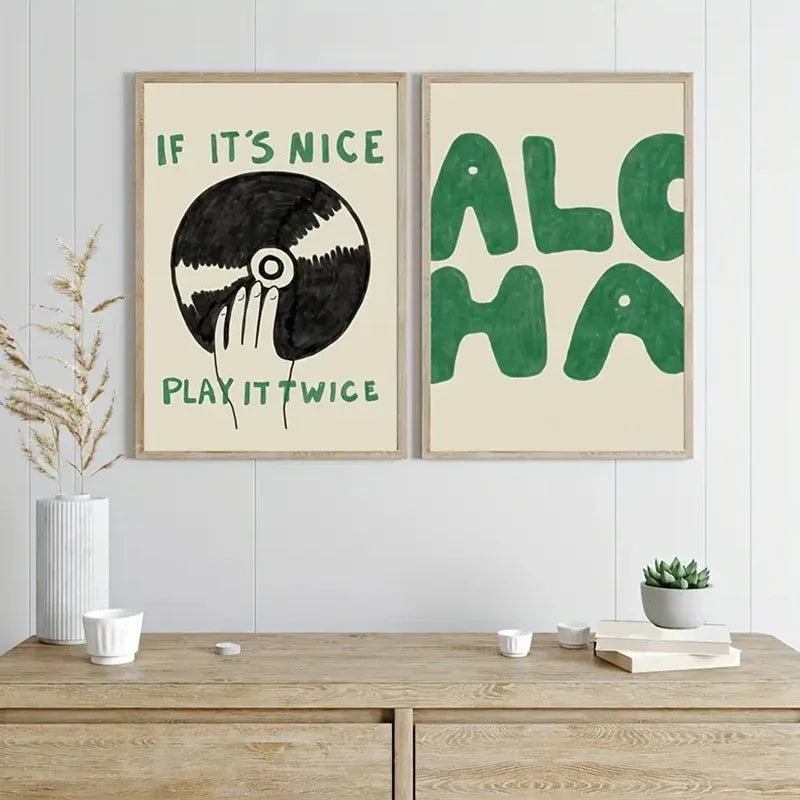 “If It's Nice, Play It Twice” Vintage Green and Black Music Art