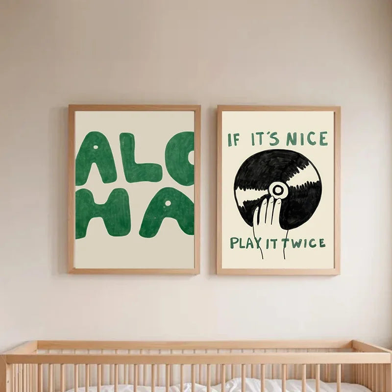 “If It's Nice, Play It Twice” Vintage Green and Black Music Art