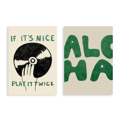 “If It's Nice, Play It Twice” Vintage Green and Black Music Art