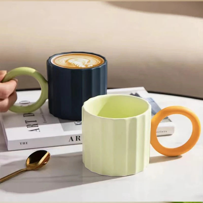 Japanese Ceramic Multi-color Handle Ripple Coffee Mugs