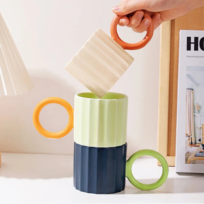 Japanese Ceramic Multi-color Handle Ripple Coffee Mugs